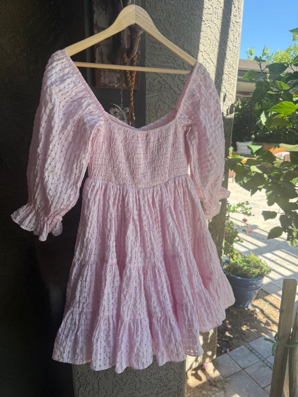 MABLE Pink Smocked Puff Sleeve Textured Check Tiered Babydoll Mini Dress Small - Picture 4 of 16